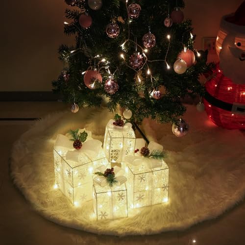 Set of 4 Christmas Lighted Gift Boxes, White Snowflake Holiday Decor