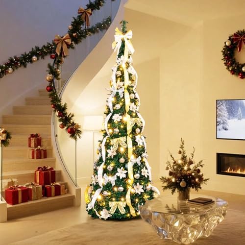 VINGLI 7ft Pop up Artificial Christmas Pine Tree with 150 Warm White Lights, Xmas Tree Holiday Party Decorations with Sturdy Metal Stand (Gold&Silver)