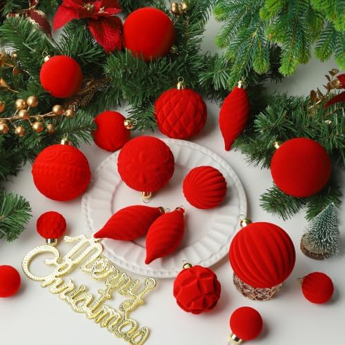52pcs Velvet Christmas Ball Ornaments, Red Flocked Shatterproof Christmas Tree Decorations Hanging Xmas Decorative Ornaments Set for Home Party Holiday Decor(Red)