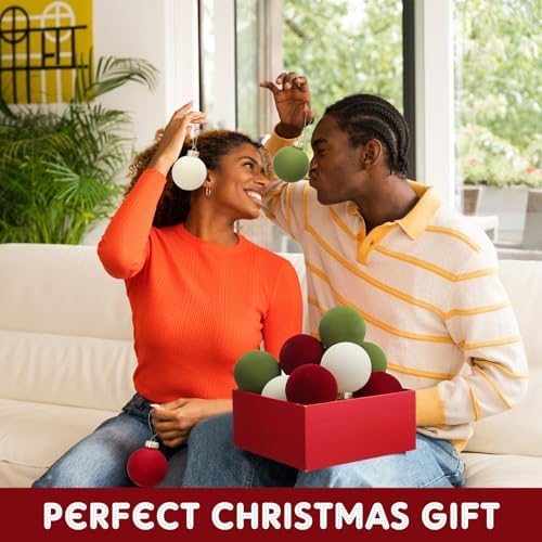 Gemscream 30 Pcs Velvet Christmas Balls, 3.15" Flocked Ornaments, red Green