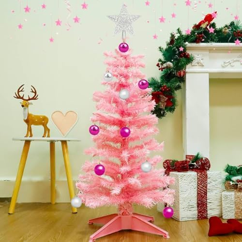 Remote Control&Timer&8 Modes 3 Ft Pink Christmas Tree with DIY 50 Warm Lights 15 Ball Ornaments 3D Star Battery Operated Pencil Full Valentines Tree Xmas Christmas Decorations Table Home Fireplace