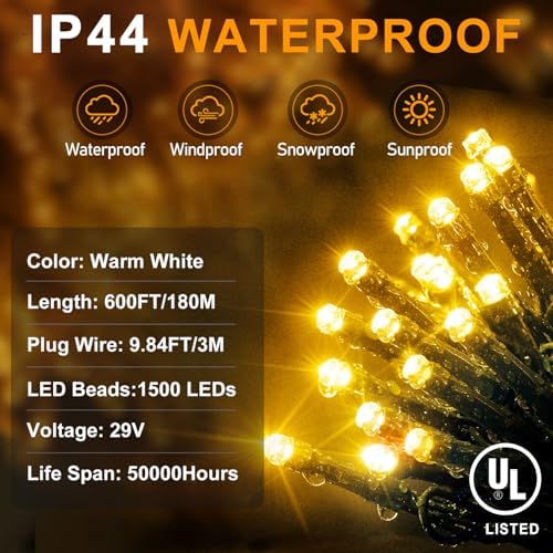 KNONEW 600ft 1500 LED Christmas String Lights Outdoor Green Wire 8 Modes & Timer Fairy Light Plug in Waterproof Patio Lights for Xmas Yard Tree Wedding Party Holiday Decorations (Warm White)