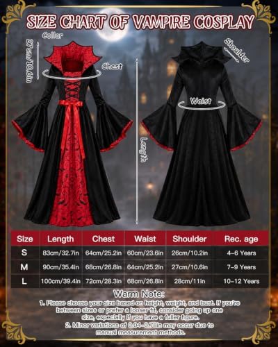 Vampire Costume for Girls 4-12 Years, Gothic Victorian Vampiress Dress Set