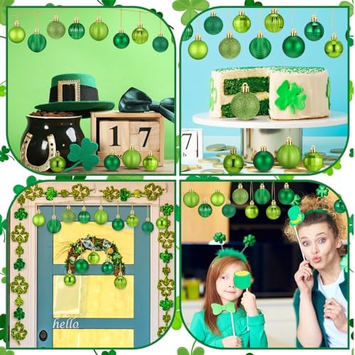 Lunmon 64 Pcs St. Patrick's Day Ball Ornaments Glitter Matt Lime Green Assorted Plastic Irish St. Patrick's Day Decoration for Xmas Tree & Party Supplies