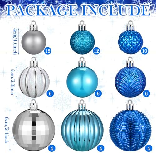Lunmon 64 Pcs Blue and Silver Christmas Balls Ornaments Glitter Xmas Bulbs