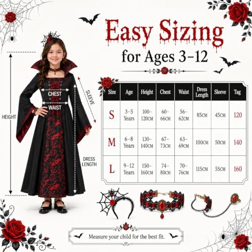 Doloowee Girls Vampire Costume 4-Piece Halloween Dress Up Outfit Ages 3-12
