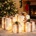 DomKom Set of 4 Christmas Lighted Gift Boxes, 70 Led Light Up White Iron Frame Present Box with Pine Cones Bows for Christmas Tree Party Yard Holiday Indoor Outdoor Decoration