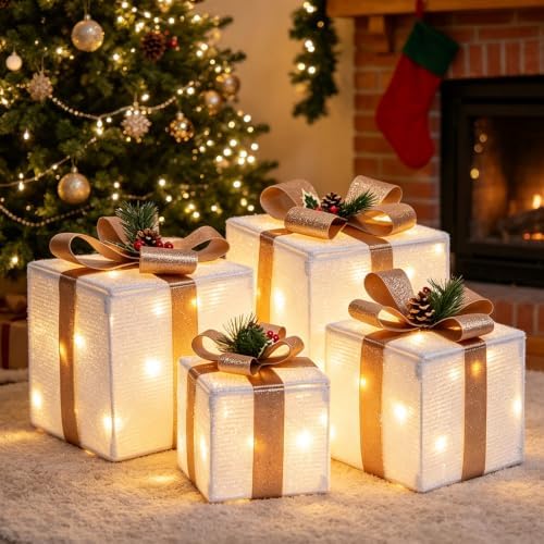 DomKom Set of 4 Christmas Lighted Gift Boxes, 70 Led Light Up White Iron Frame Present Box with Pine Cones Bows for Christmas Tree Party Yard Holiday Indoor Outdoor Decoration