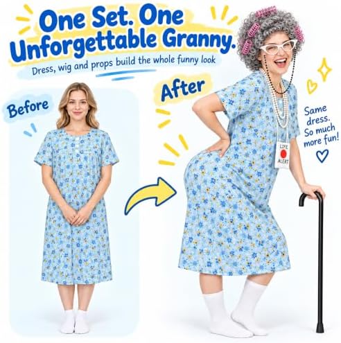 Old Lady Costume for Women, Grandma Dress Up Set for Halloween