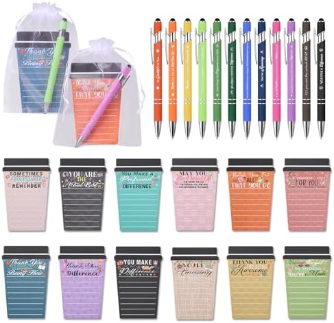 12 Set Employee Appreciation Gifts Bulk Team - 12Pack Coffee Cup Notepad+12 Ballpoint Pens+ 12 Drawstring Gift Bags, Bulk Gifts for Coworkers/Staffs/Teachers/Christmas
