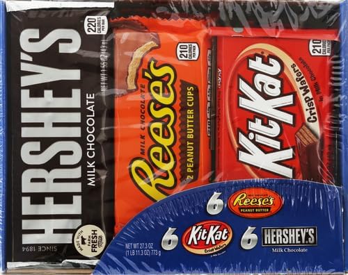 HERSHEY'S, KIT KAT and REESE'S Assorted Milk Chocolate, Full Size Bars Variety Box, 27.3 oz - 18 Count (Pack of 2)