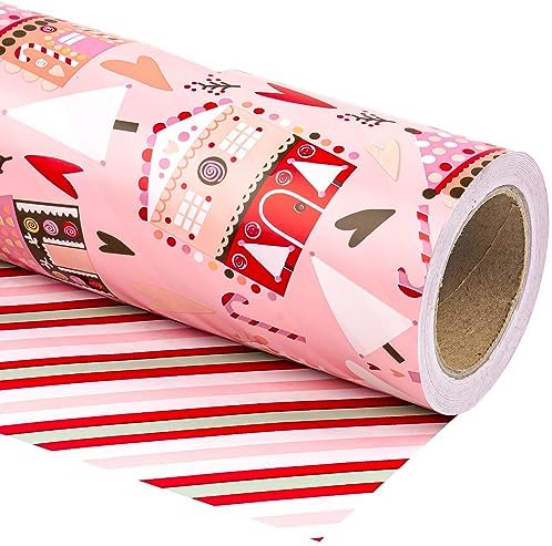 WRAPAHOLIC Reversible Christmas Wrapping Paper - Mini Roll - 17 Inch x 33 Feet - House with Christmas Tree and Candy Cane Wrapping Paper for Holiday, Party Celebration
