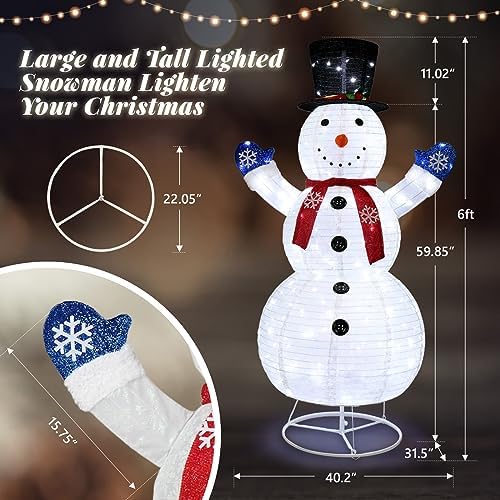 VINGLI 6FT Lighted Pop Up Snowman Christmas Decorations, 200 LED Warm White Lights with 20 Flashing Bulbs, Telescopic Snowflake Snowman for Outdoor Yard Lawn Porch, 30V Low Voltage Holiday Decor