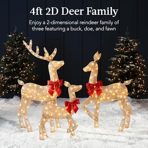 Best Choice Products 4ft 3-Piece 2D Lighted Christmas Deer Family Set, Large Outdoor Yard Reindeer Holiday Decoration with 175 LED Lights, Stakes, Zip Ties - Gold