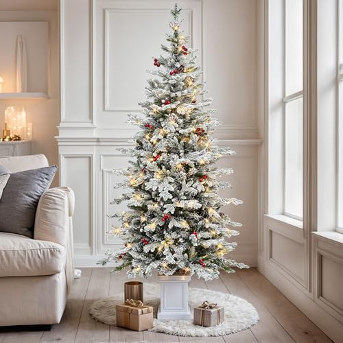YITAHOME 4.5ft Prelit Potted Flocked Arctic Fir Pencil Tree