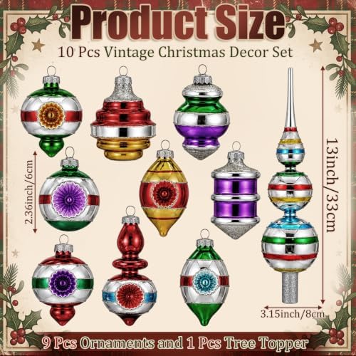 Yinder 10 Pcs Retro Christmas Glass Treetop Ornament, Fresh, Multicolor