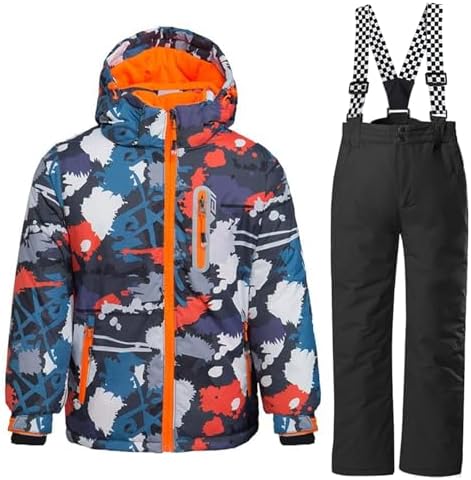 WOWULOVELY Big Boy's 2-Piece Colorblock Snow Pants and Jacket Snowsuit Ski Suit