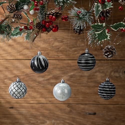 100Pcs Black Silver White Christmas Ball Ornaments Set for Tree, Assorted Shatterproof Christmas Decorations, Hanging Decor for Xmas Tree Holiday/Party/Home (Black & White & Silver)