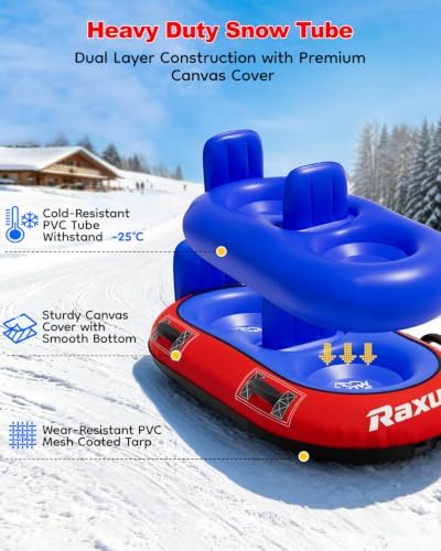 Raxurt 2 Person Heavy Duty Snow Tube, Snow Sled with Dual Backrests