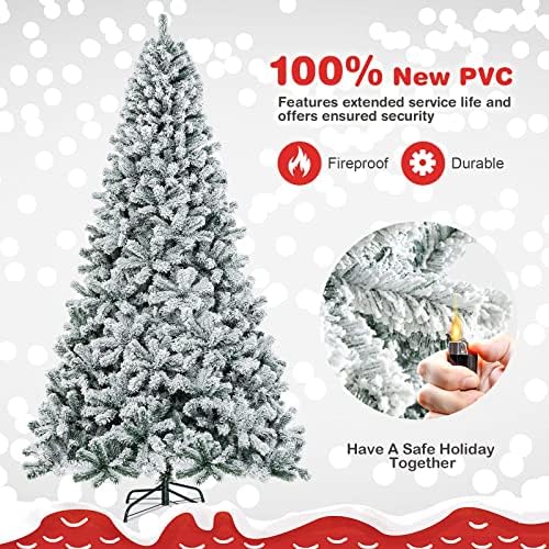 COSTWAY 9 FT Flocked Christmas Tree, Unlit Hinged Xmas Tree with 1498 Snowy Branch Tips & Metal Stand, Artificial Christmas Tree for Home Office Party Decoration, Green & White