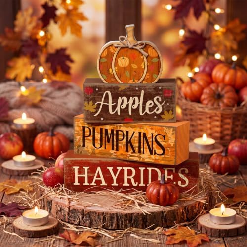 Moucuny 4 Pcs Fall Table Decoration for Home, Wooden Pumpkins Harvest Decor