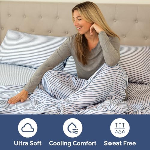 Short Queen Size 4 Piece Bed Sheet Set - RV Short Queen - Blue Stripes