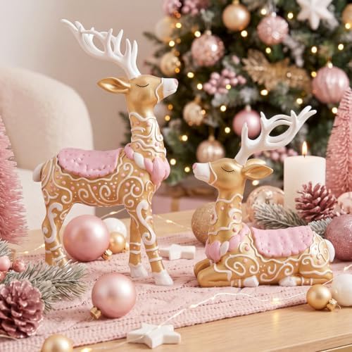 Amyhill 2 Pcs Pastel Gingerbread Christmas Reindeer Decor Resin Figurines
