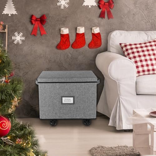 Lukeline Rolling Christmas Ornament Storage Box, Holiday Ornament Organizer with 3 Individual Removable Trays, Large Capacity Christmas Ornament Box with Tow Rope and Double Handles (Grey)
