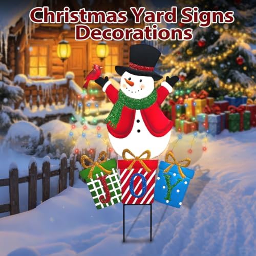 BRIGHTDECK Christmas Metal Stake Lights Outdoor Decorations, Joy Snowman