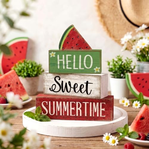 Moucuny 4 Pcs Summer Table Decor Watermelon Wooden Signs Farmhouse