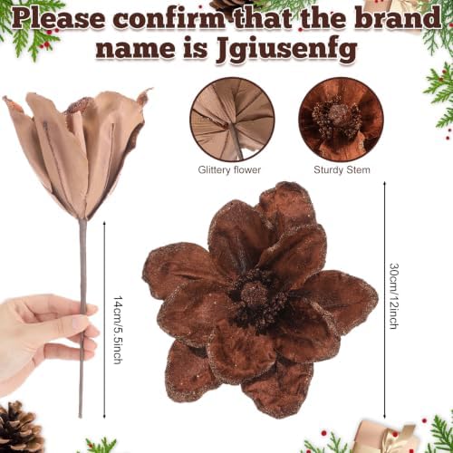 Thiccywoov 8 Pcs Large 12" Christmas Magnolia Flowers, Brown