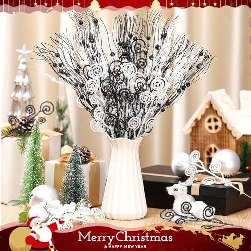 Daifunli 36 Pcs Christmas Tree Pick Spray Ornament, White Black, 17'' 12''
