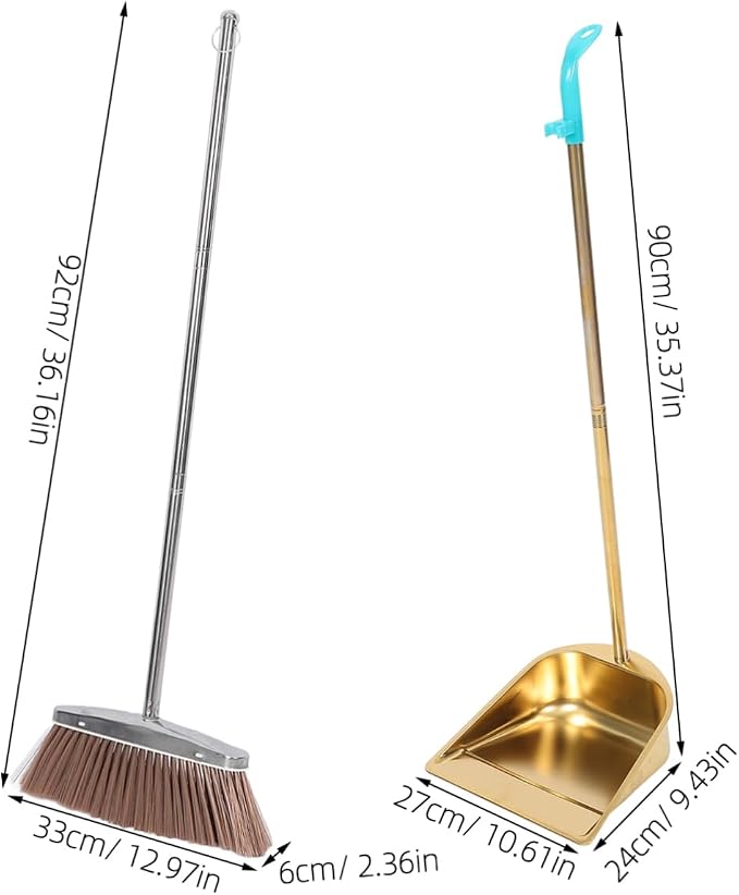 Unomor Heavy-Duty Stainless Steel Broom and Dustpan Set Thick Gold Dustpan for Home Cleaning Sturdy Indoor Broom Ergonomic Handle for Kitchen and Office Use