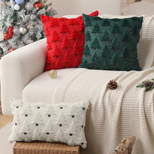 Allorry Christmas Pillow Covers 12x20 inch Set of 2 Christmas Decorations Soft Plush Faux Fur Wool Cream White Christmas Tree Throw Pillow Cases Winter Holiday Decor for Sofa Living Room PT-002D12