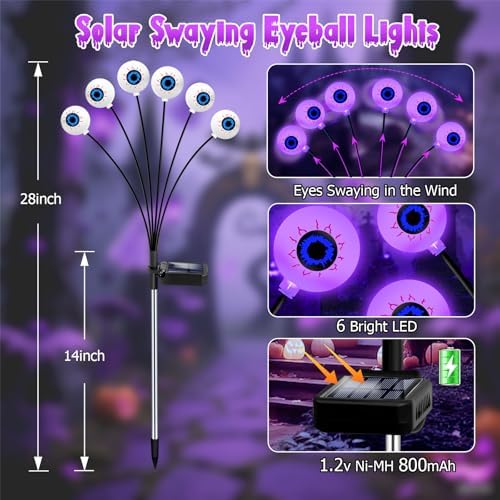 Kohlrabi Halloween Decorations Outdoor, 4 Pack 24 LED Solar Purple Scary Eyeball Swaying Lights, Solar Firefly Light Waterproof Outdoor Garden Lights for Halloween Yard Party