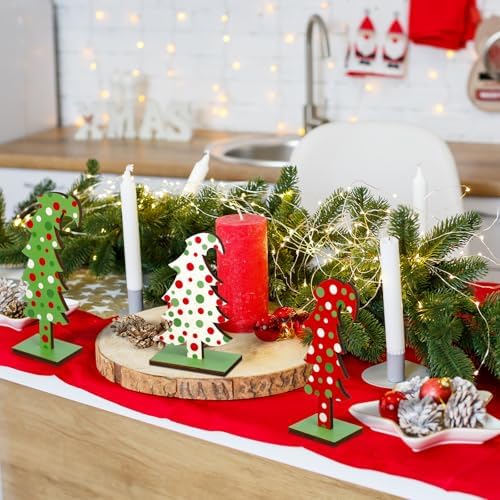 Meooeck 3 Pack Whimsical Wood Christmas Tree Lime Green Tabletop, Polka Dot