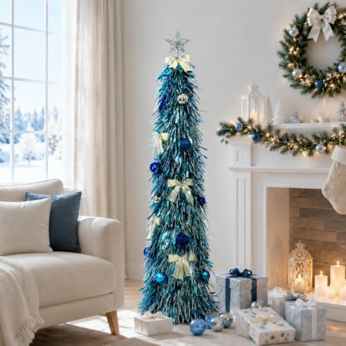 Christmas Tree 5FT Artificial Xmas Decor Pop Up with Decoration Blue-Silver