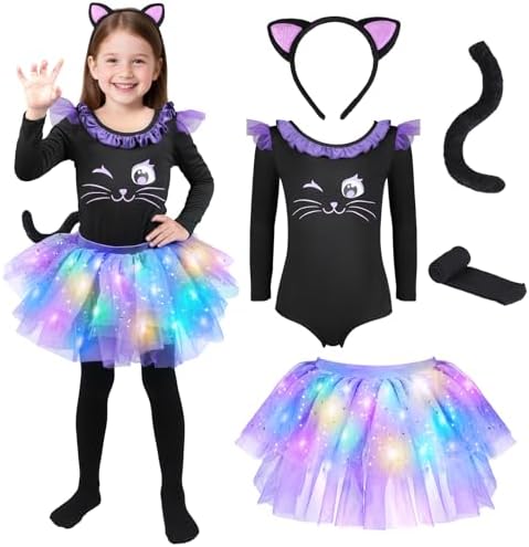 GIFTINBOX Black Halloween Cat Costume for Girls, Light Up Outfit Kids 3-8