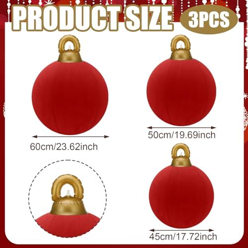 Jenaai 3 Pcs Giant Velvet Christmas Inflatable Ball Ornament 24" 20" 18"