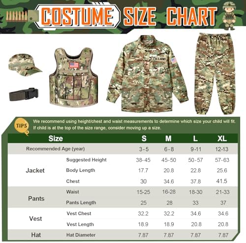 GIFTINBOX Army Costume for Boys with Vest, Halloween Costume for Kids 3-13