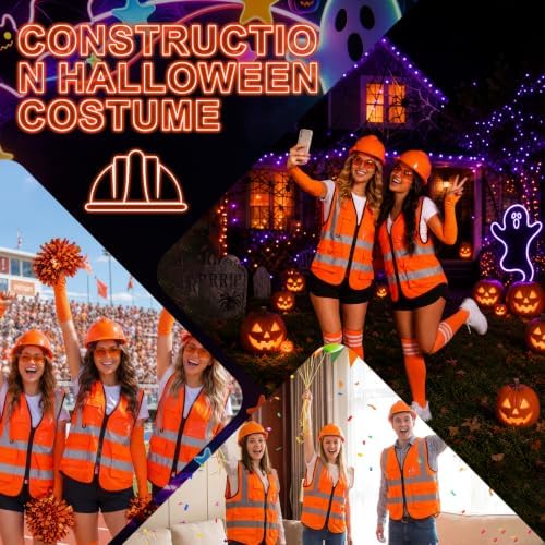 Neon Construction Worker Costume, Reflective Vest Costume Hat Glasses