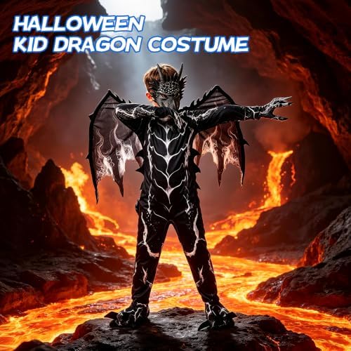 Kids Dragon Costume, Boys Dragon Halloween Costume with Mask, Wings & Tail