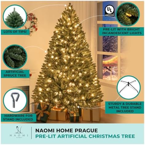 Naomi Home Prague 7.5ft Prelit Artificial Christmas Tree with Foot Pedal, 1717 Branch Tips, 550 Warm Lights and Metal Stand, 56" Wide Realistic Spruce Christmas Tree with Lights
