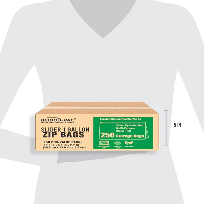 BEIDOU-PAC Slider Gallon Food Storage Freezer Bags with Stand-Up Bottom, 250 Count | 2 Mil |10.5 IN X 9.3 IN X 2.7 IN, Freshness Easy Open Reclosable Clear Plastic Bags (Slider-gallon-250count)