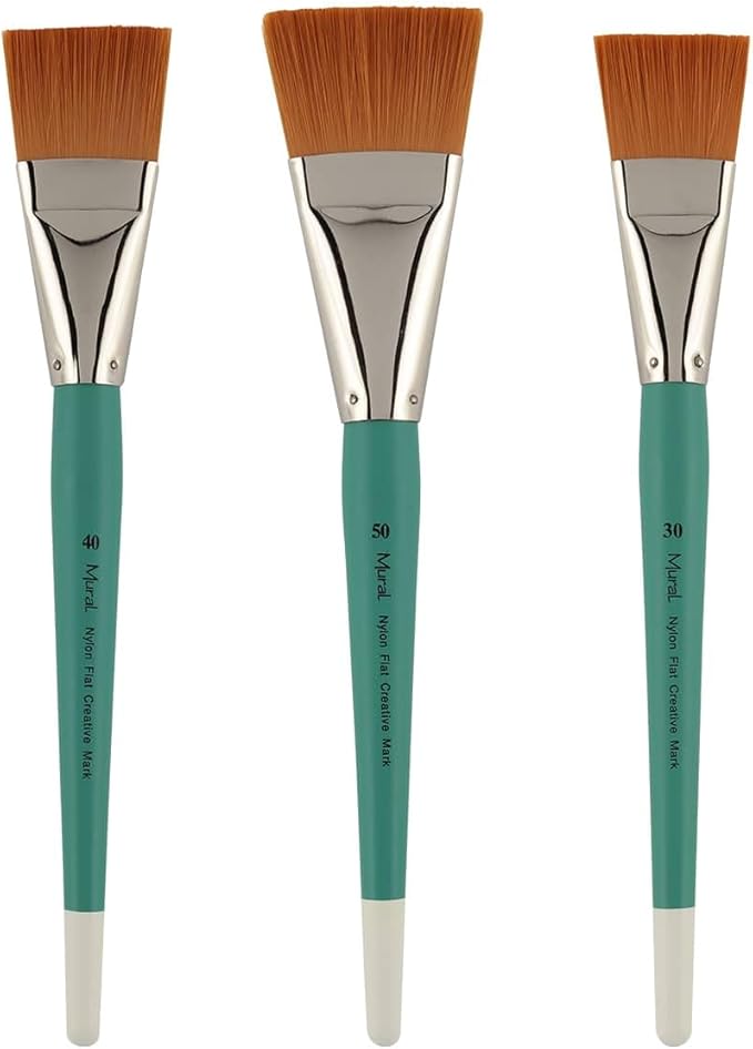Creative Mark Art Supplies Large Mural Synthetic Golden Taklon Paint Brush - Flat #30, 40, 50 - Artist Supplies for Acrylics, Watercolors, and Oils - Durable, Resilient, Seamless Ferrules