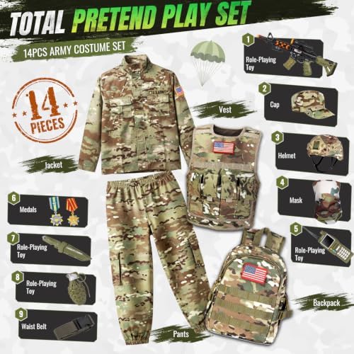 Metemot Army Costume for Boys,14Pcs Military Soldier Boys Halloween Costume