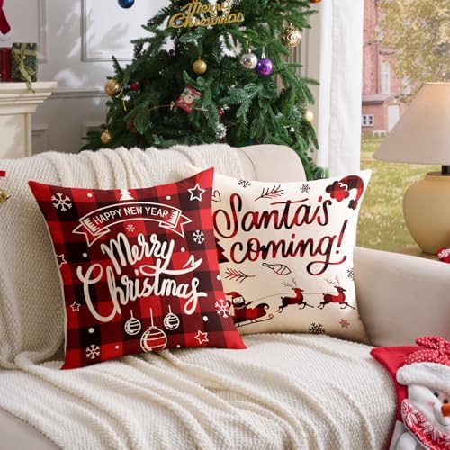 Plaid Christmas Pillow Covers 18x18 Buffalo Check Set of 4 Red Black Christmas Decorations Farmhouse Throw Pillow Covers Winter Holiday Linen Cushion Case for Home Sofa Couch Bed Chair