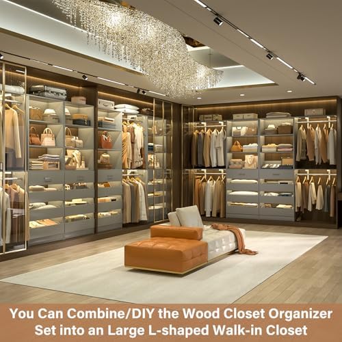 Aheaplus Closet System, Wood Closet Organizer System with 8 Drawers &4 Rods