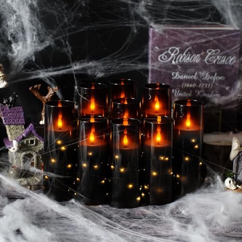 kakoya Flameless LED Candles with Timer 9 Pc Flickering Flameless Candles for Romantic Ambiance and Home Decoration Stable Acrylic Shell,with Embedded Star String,Battery Operated Candles（Black）