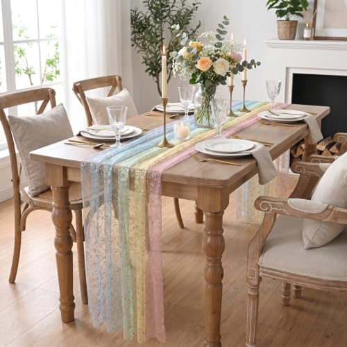 Artoid Mode 2-Pack Gold Gauze Table Runner 120 Inch 10FT, Rainbow Glitter Metallic Foil Sheer Dining Wedding Anniversary Holiday Birthday Table Decor for Home Party